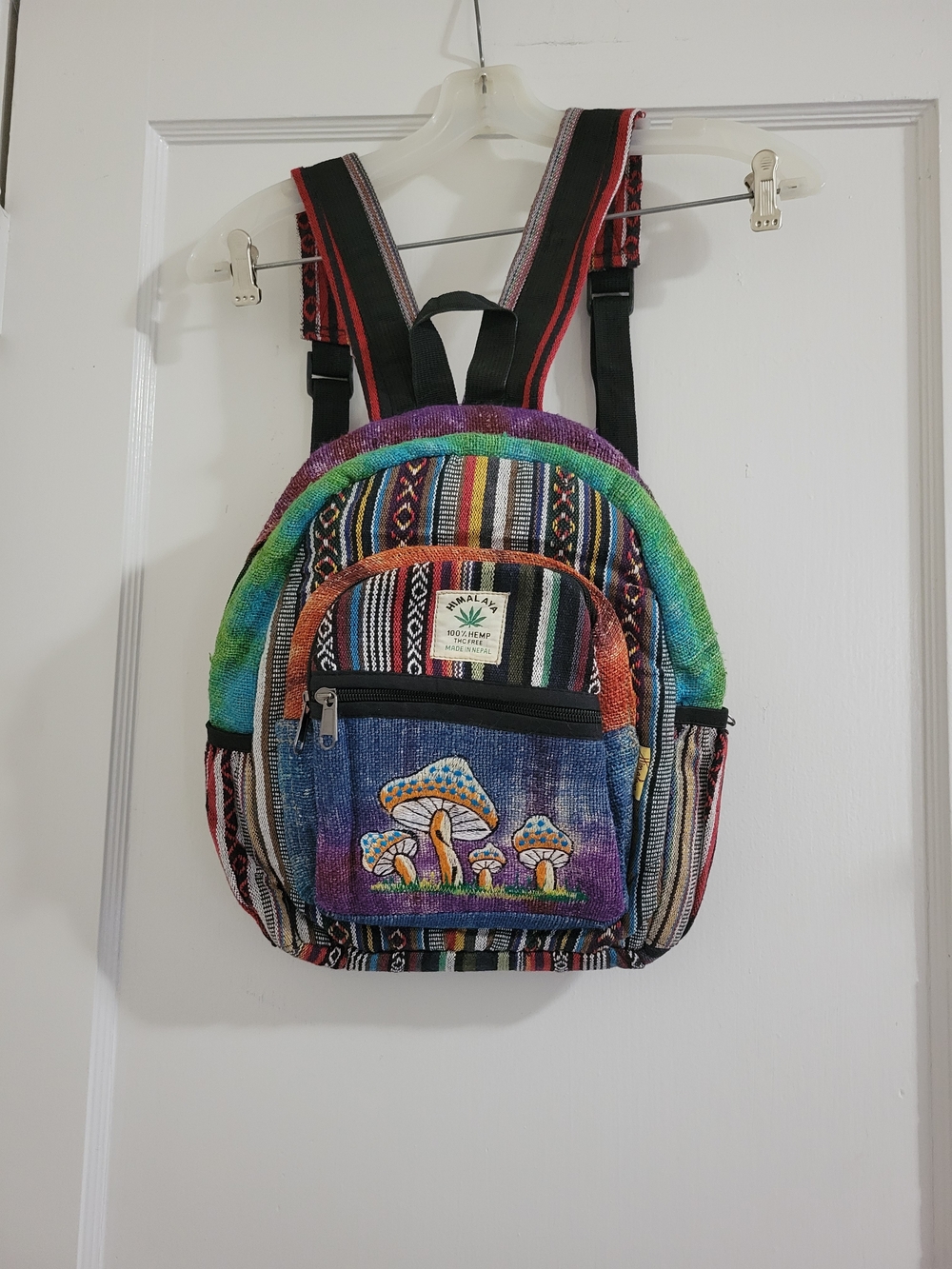 Himalaya Colorful Striped Hemp Backpack with Mushroom Patch